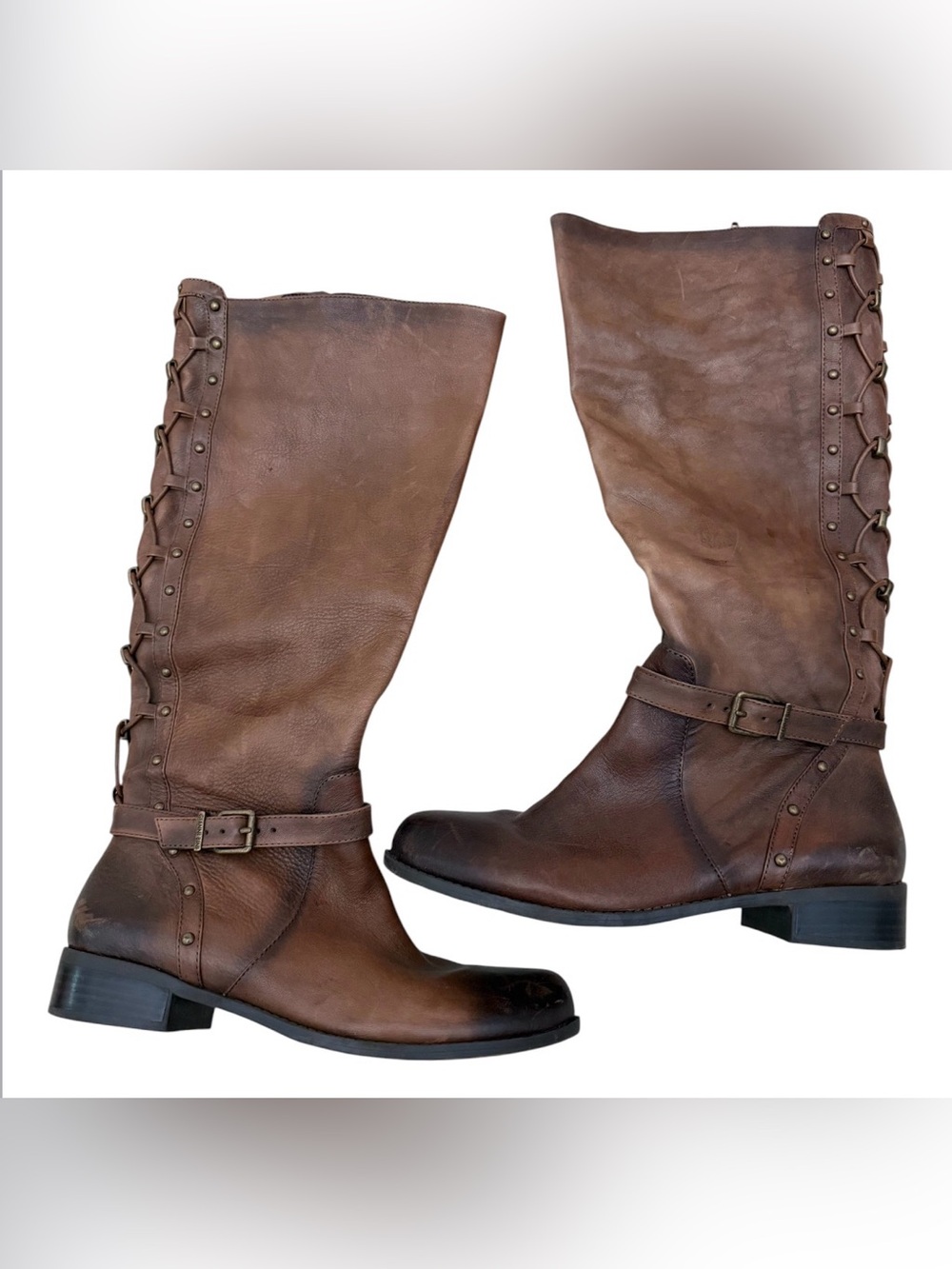 Gianni Bini Brown Leather Tall Riding Boots Lace Back Harness Moto Size 9